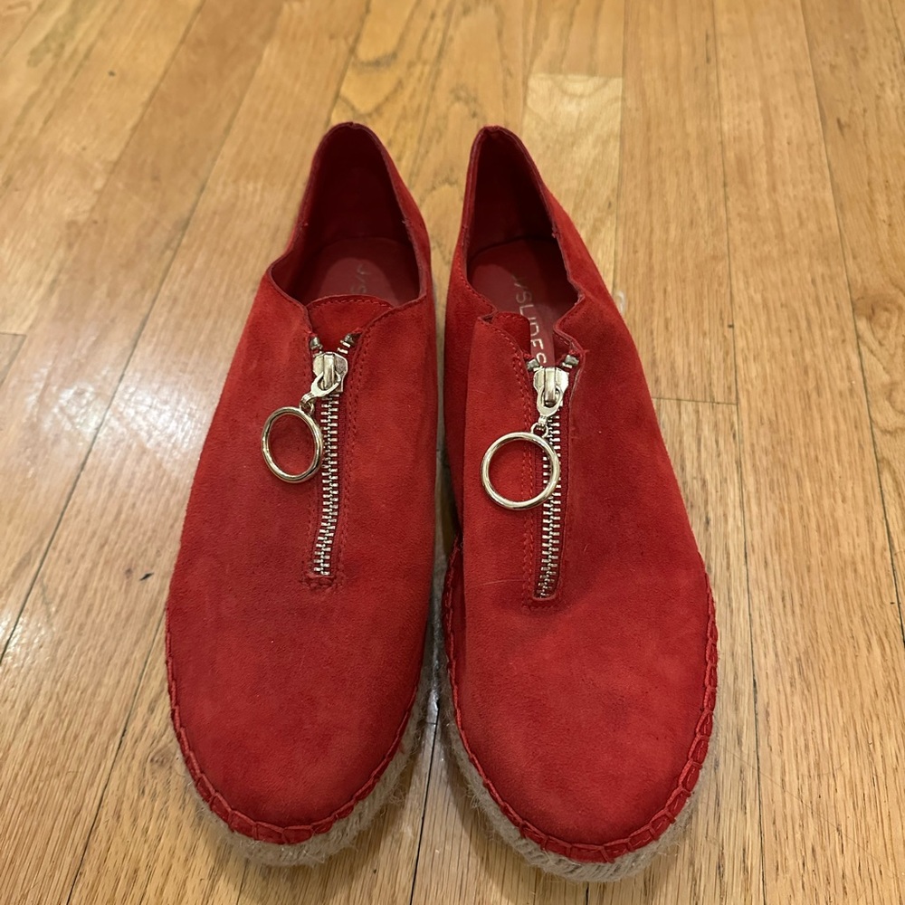 Red Suede Slip-On Shoes with Zipper Detail